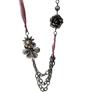 Floral Silver Tone Pendant Chain Necklace Statement Purple Stones Pink Ribbon